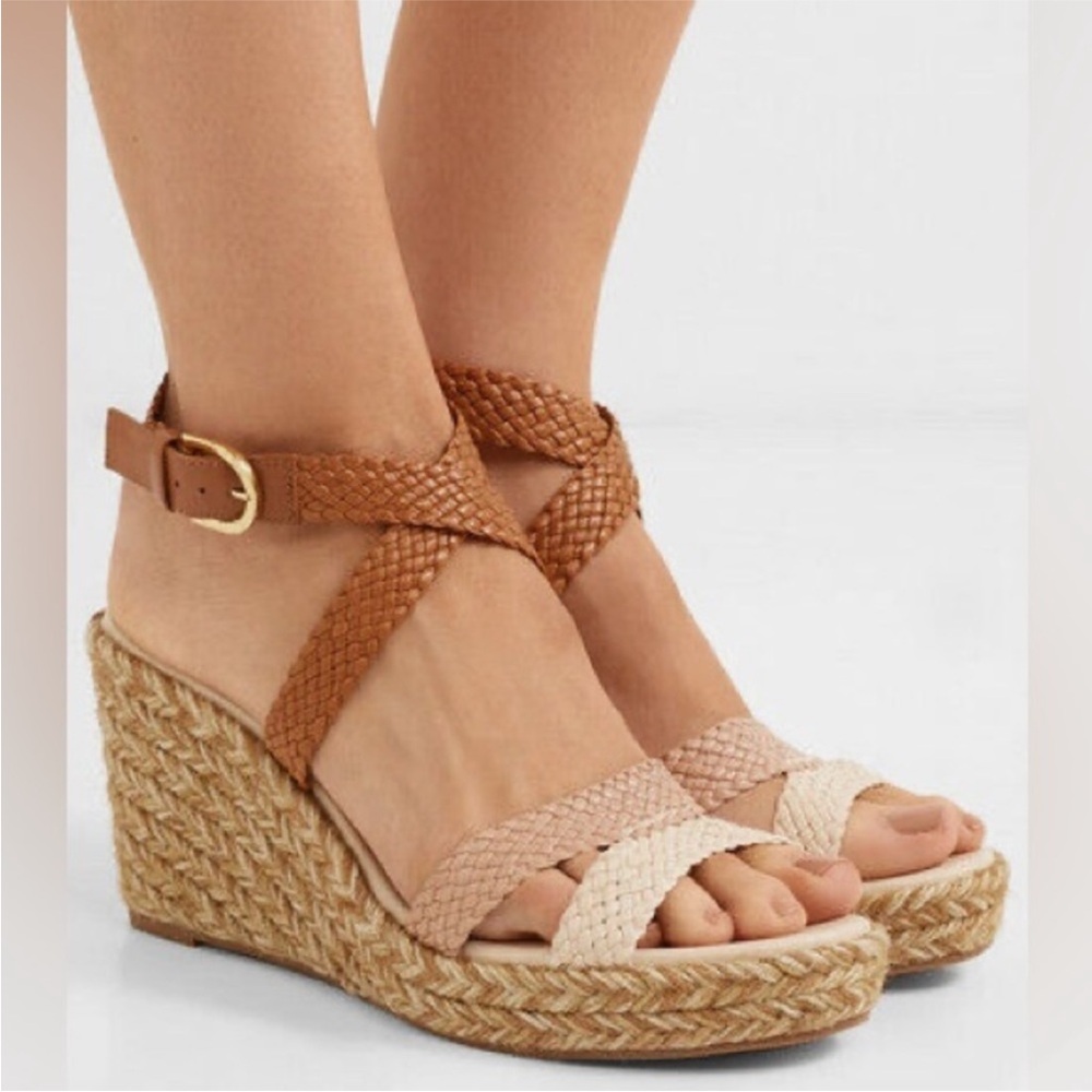 Stuart Weitzman Elsie Wedge Sandal SZ 8 Beige Combo Woven